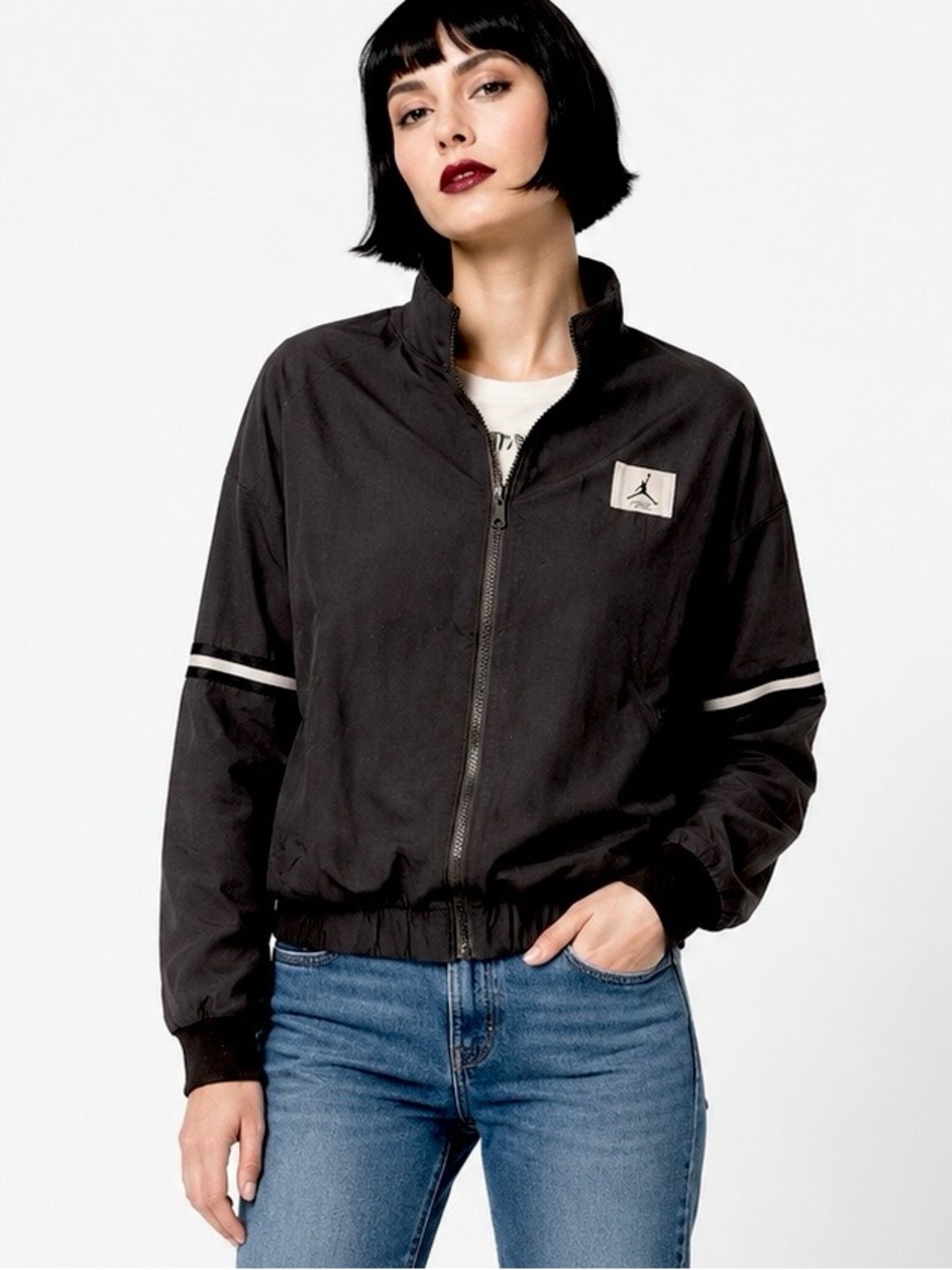 Jordan Flight athletic jacket windbreaker.  Reflective stripes, black & white- L
